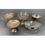 A silver plate and glass basket, W. 29cm and four further silver plated items.