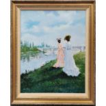 A gilt framed oil on canvas of ladies 'Beside a river' signed Gordon Reis, frame size 64 x 75cm.