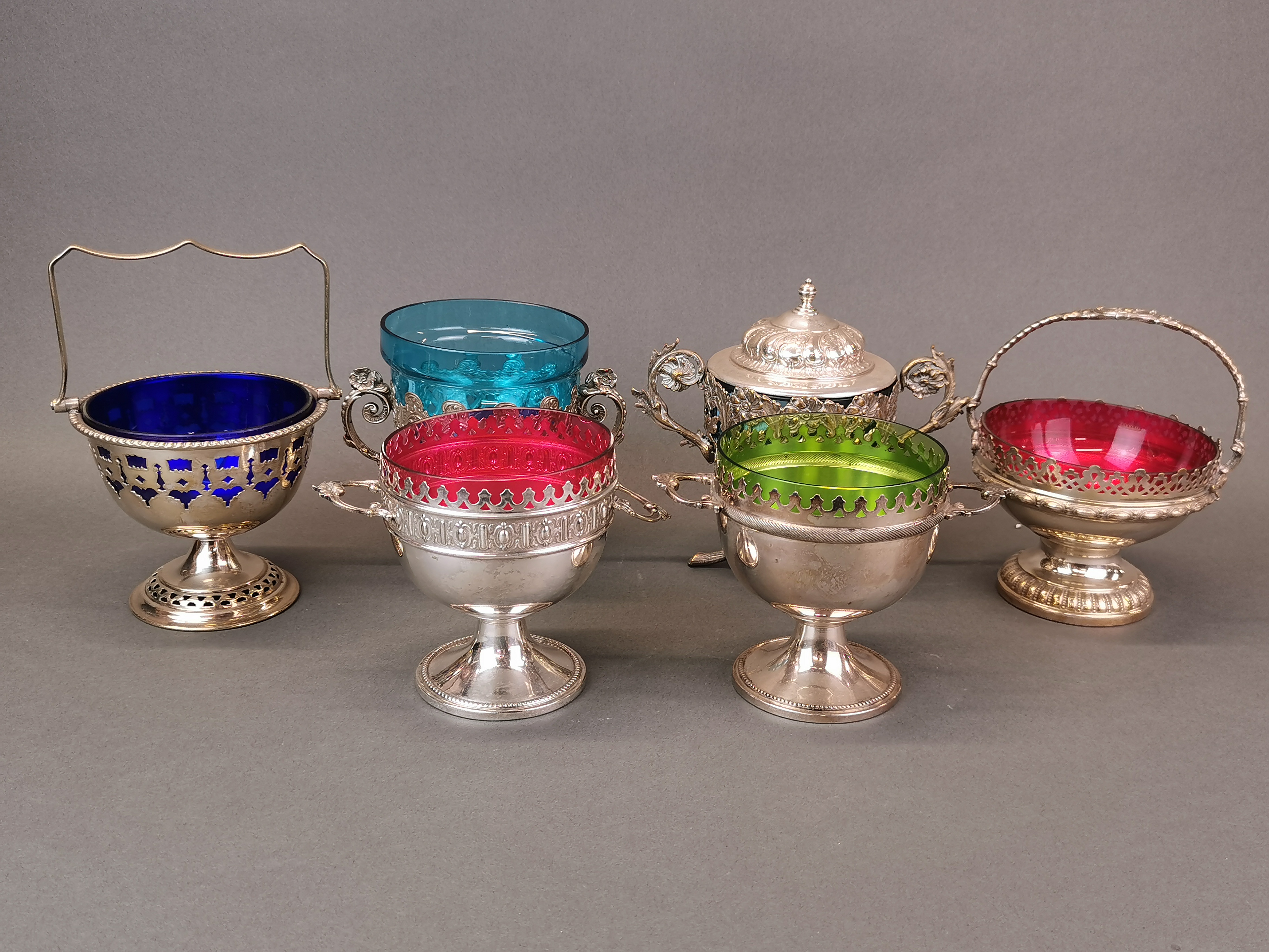 Two WMF silver plate and glass preserve bowls, W. 18cm, H. 13cm, together with four further
