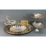 A large silver plated tray, and a group of further silver plated items.