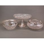 Two antique silver plate and cut glass fruit bowls, Dia. 23cm, together with a centrepiece.