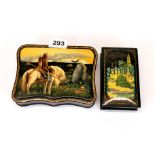 Two Russian hand painted lacquer boxes, largest 17 x 13 x 3.5cm. Both signed, larger box has minor