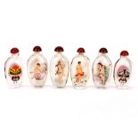 A group of six Chinese inside painted snuff bottles, H. 8.5cm.