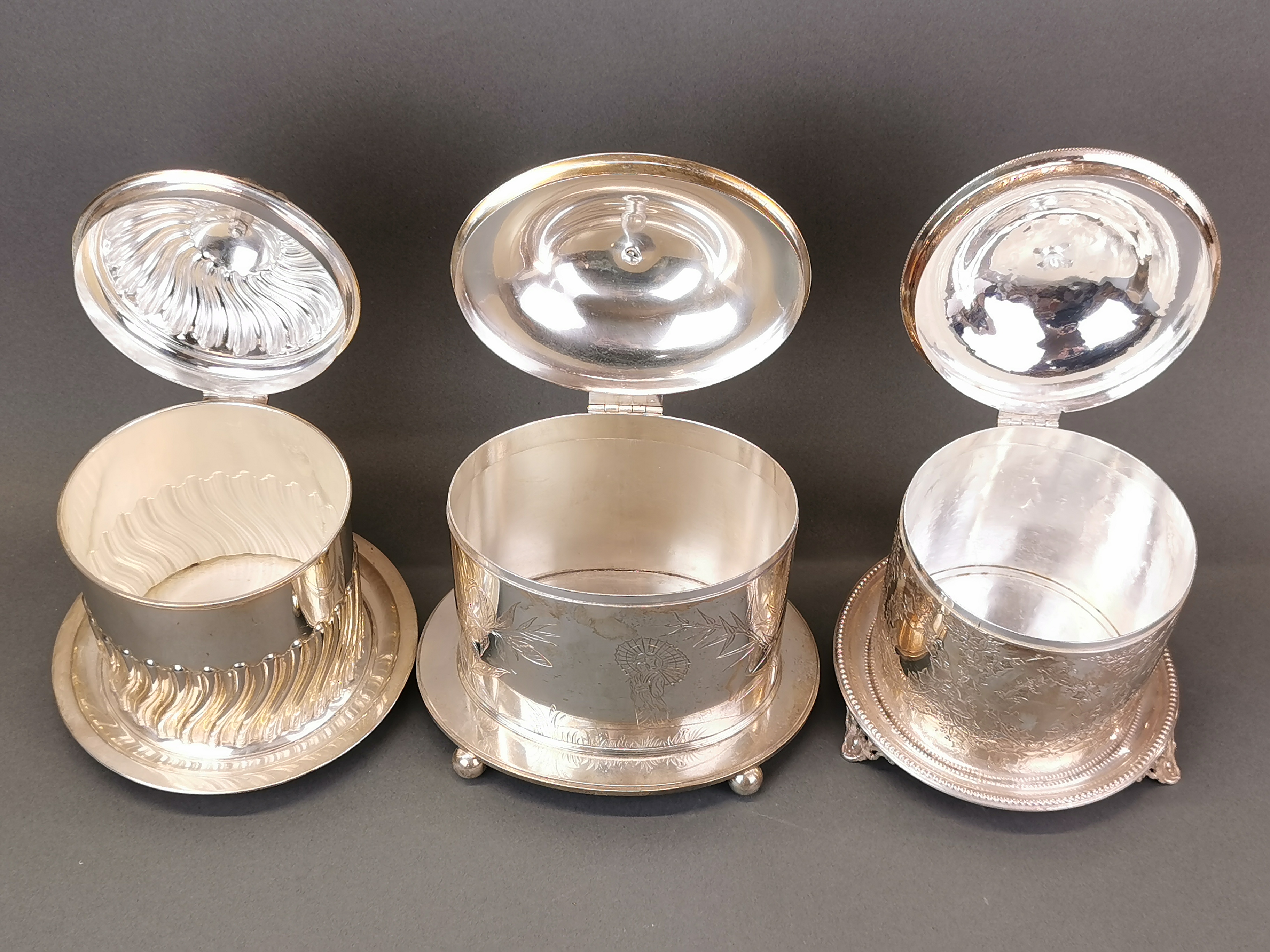 Three antique silver plated biscuit boxes, H. 19cm. - Image 2 of 3