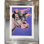 A framed contemporary Andy Warhol print of a cow, frame size 54 x 65cm.