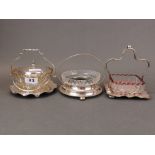 Three good antique silver plate and glass condiment dishes, tallest H. 16cm.