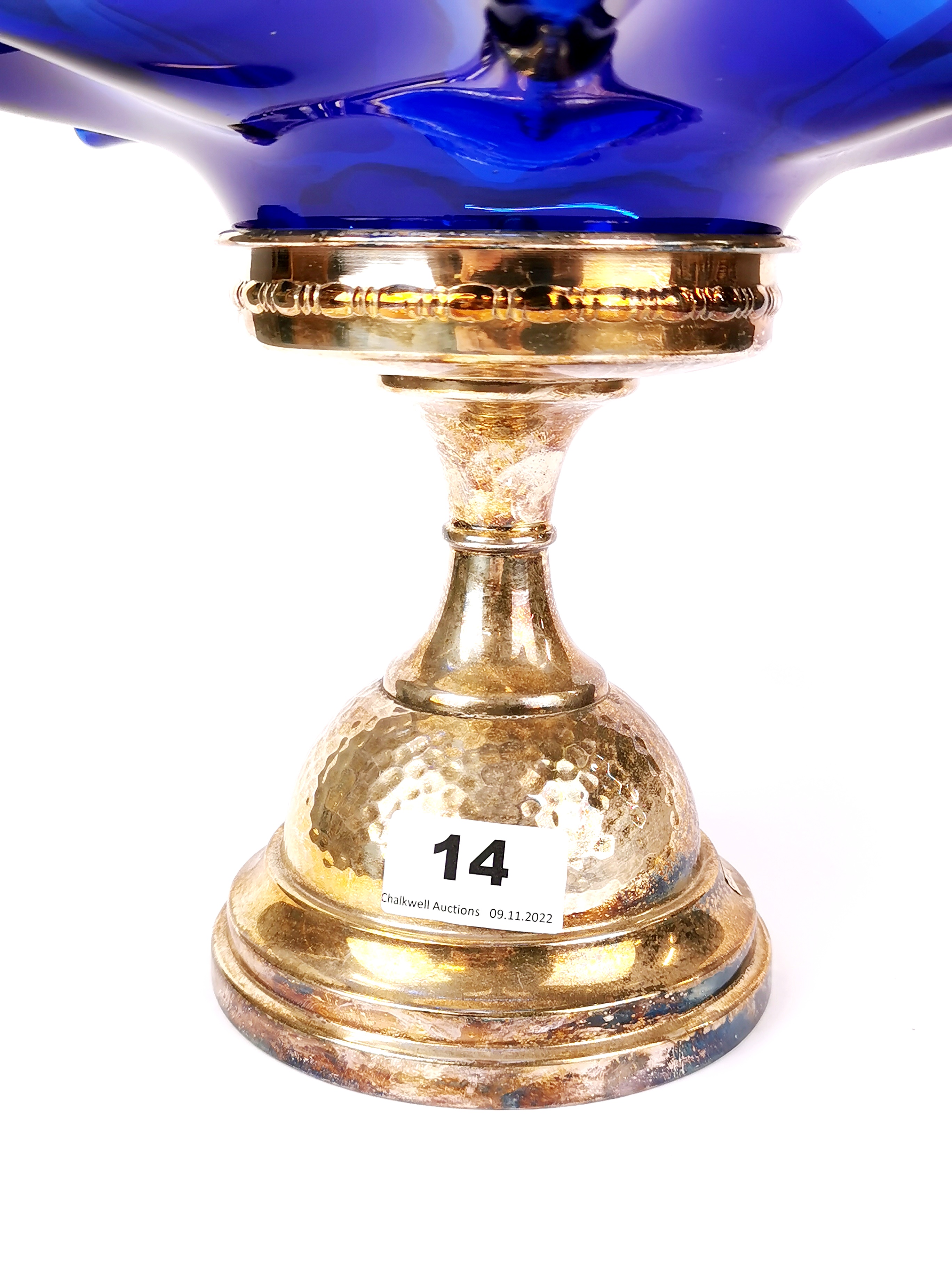 A silver plate and blue glass centrepiece, H. 24cm, Dia. 27cm. - Image 2 of 4