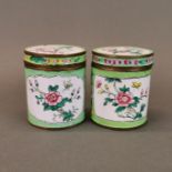 A pair of Canton enamelled tea caddies, H. 9.5cm, Dia. 8cm.