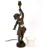 A heavy cast metal cherub table lamp after Ferrand, H. 46cm, together with a frosted glass shade.