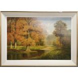 David Meade F.C.I.A.D R.A (British): A large 1970's framed oil on canvas of a woodland landscape