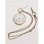 A ladies 14ct gold key wind fob watch with a yellow metal chain (rolled gold clasp) Dia. 3.2cm.