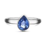 A 925 silver ring set with a pear cut sapphire, (O).