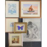 A cased butterfly and a group of watercolours and other prints.