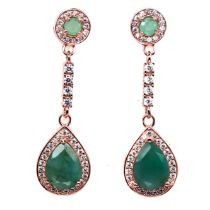 A pair of rose gold on 925 silver drop earrings set with pear and round cut emeralds and white