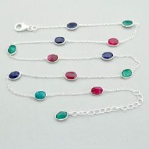 A 925 silver long necklace set with faceted ruby, sapphire and emerlad, L. 40cm.