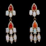 A pair of gold on 925 silver drop earrings set with cabochon cut opal and fire opal, L. 3.8cm.