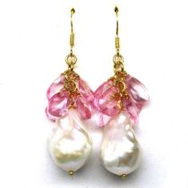 A pair of gold on 925 silver drop earrings set with baroque pearls and briolette cut pink topaz,