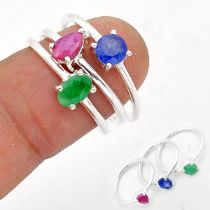 Three 925 silver stacking rings set with ruby, emerald and sapphire.