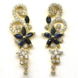 A pair of gold on 925 silver drop earrings set with marquise cut sapphires and white stones, L. 2.