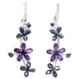 A pair of 925 silver flower shaped drop earrings set with oval cut sapphires and amethyts, L. 5cm.