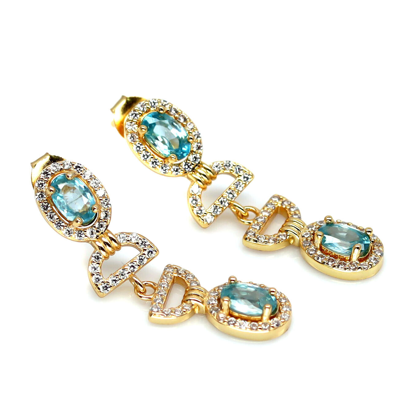 A pair of gold on 925 silver drop earrings set with oval cut seafoam blue topaz and white stones, L. - Image 2 of 3