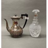 A hallmarked silver rimmed cut crystal decanter, H. 27cm. Together with a silver plated coffee pot