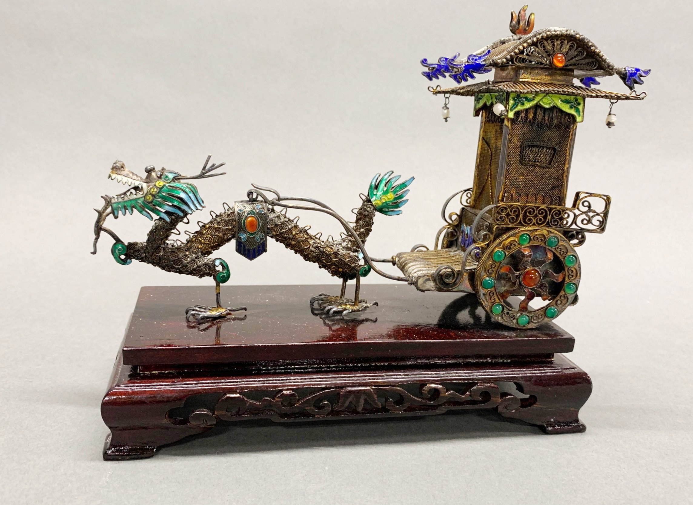A Chinese enamelled filigree white metal dragon and carriage, H. 18cm, L. 24cm. Together with two - Image 3 of 3