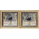 A pair of Chinese framed gilt thread embroidered silk rank badges, frame size 38 x 36cm.