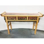A Chinese three drawer stained and carved ash altar table, 189 x 148 x 40cm.