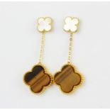 A pair of 18ct yellow gold (stamped 750) clover shaped drop earrings ser with mother of pearl and