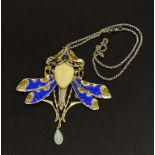 A lovely hand made enamelled Art Nouveau design white metal pendant and chain, pendant W. 9cm.