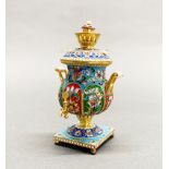 A Russian enamelled silver gilt miniature samovar, (stamped 84) H. 11cm.