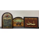 Three wooden advertising panels, largest W. 60cm.