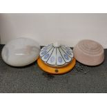 Three 1930's glass ceiling light shades, largest Dia. 36cm (one slightly A/F).