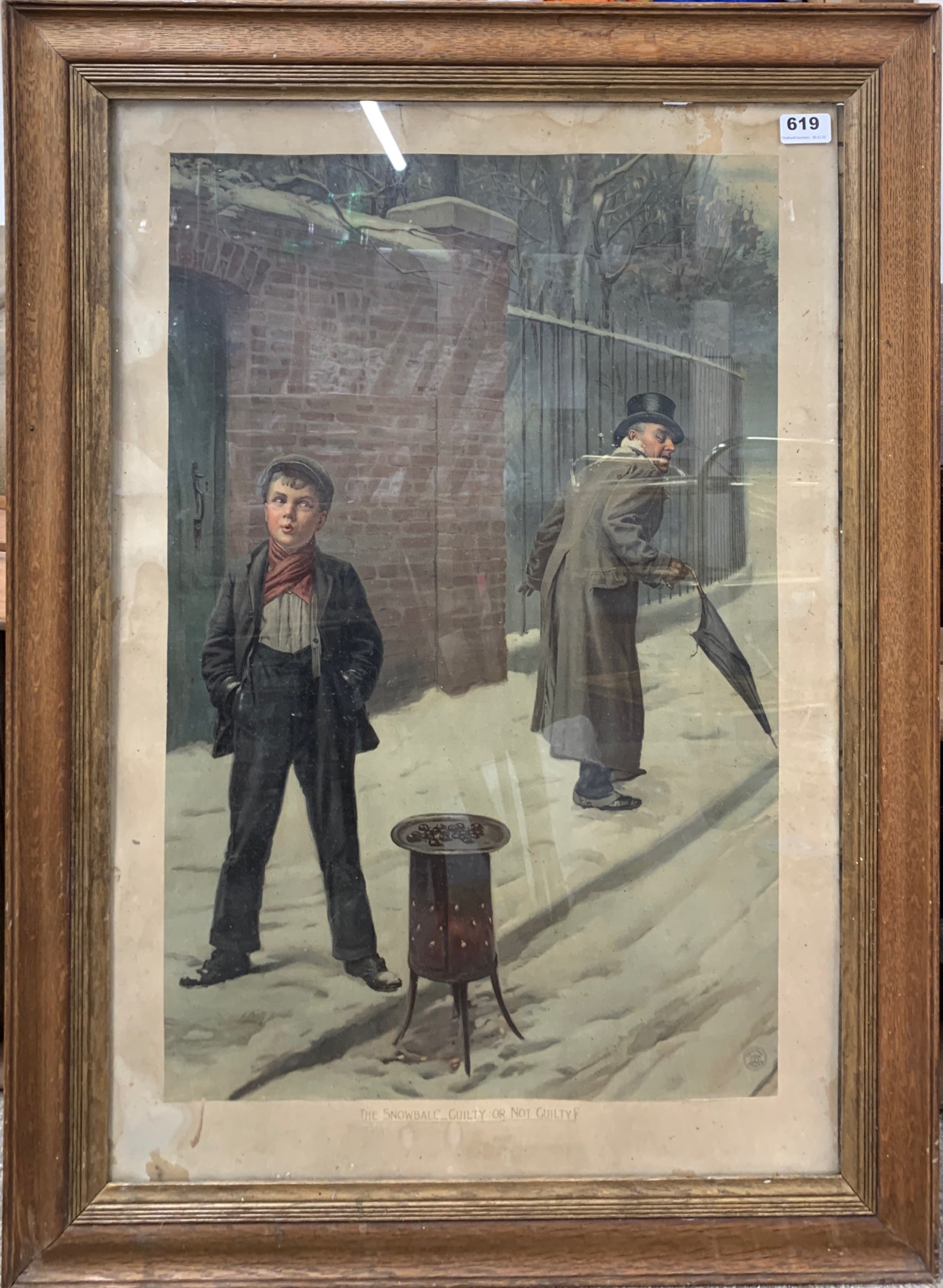 A large oak framed Victorian print 'The Snowball- Guilty or Not Guilty?' Frame size 69 x 93cm.