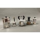 A c. 1930's German silver plated coffee pot, H. 18cm, together with a further group of silver plated