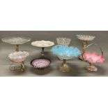 A group of eight Victorian silver plate and glass / ceramic table items, tallest H. 25cm.