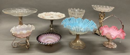 A group of eight Victorian silver plate and glass / ceramic table items, tallest H. 25cm.