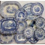 A quantity of Victorian blue and white meat plates etc.