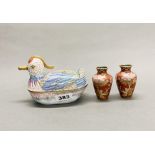 A Chinese Canton enamelled brass duck box, L. 17cm, H. 11cm, together with a pair of miniature