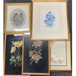 A group of framed embroideries and one print, largest frame size 35 x 40cm.