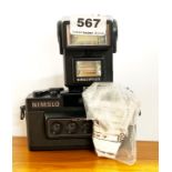 A rare Nimslo quadra lens 30mm camera and flash.