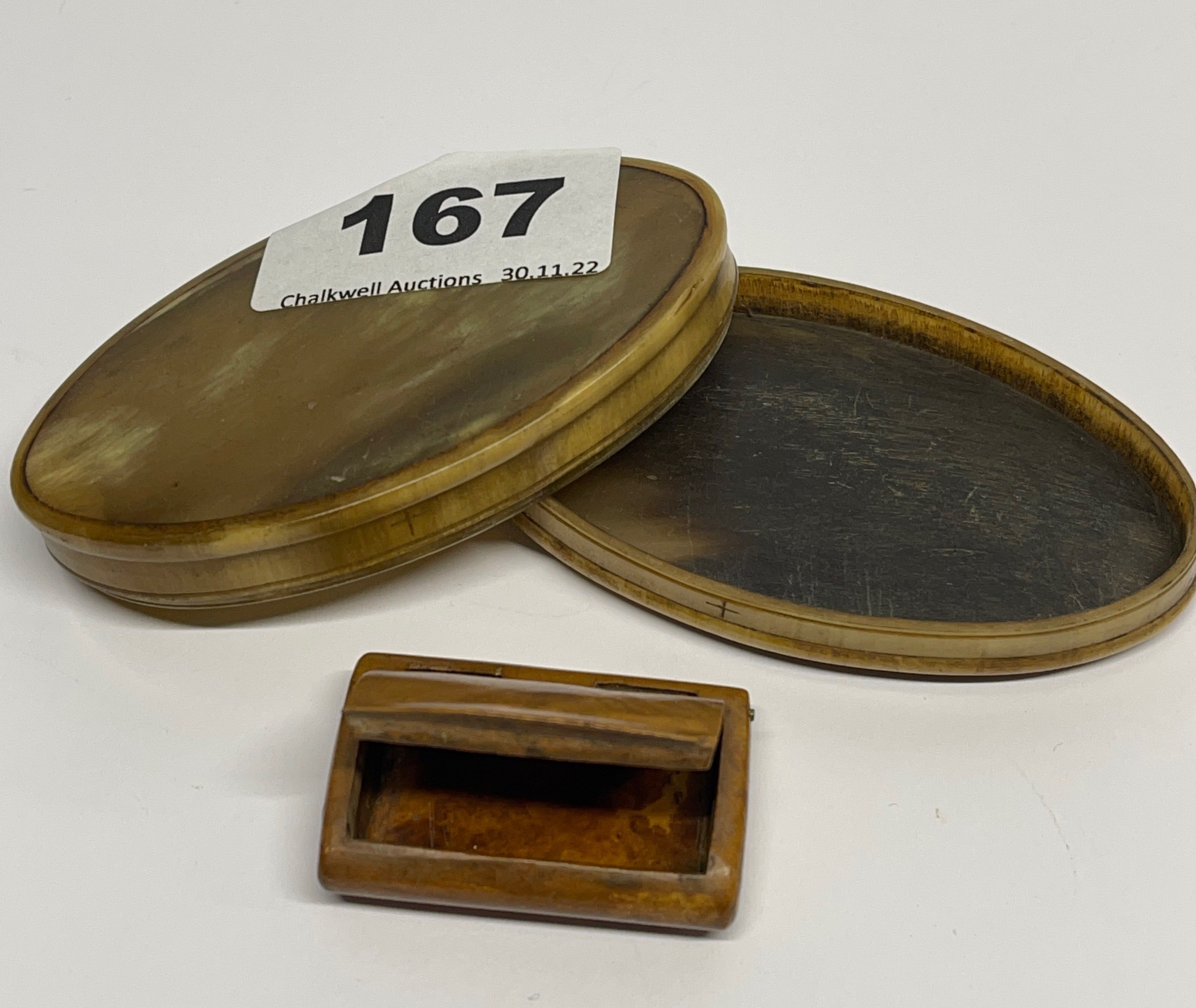 An early 19th century horn snuff box with a small 18th century walnut snuff box, larger W. 8cm. - Image 2 of 2