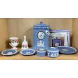 A Wedgwood Queen Mother 100th birthday commemorative clock and other Wedgwood items, mostly with