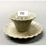 An unusual Chinese lotus shaped crackle celadon glazed terracotta tea bowl and stand, dia. 13cm,