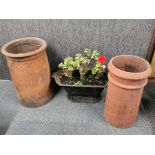 A group of three mixed ceramic and metal garden planters/ pots.