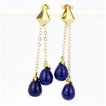 A pair of 9ct yellow gold (stamped 9K) lapis lazuli set drop earrings, L. 5.5cm.