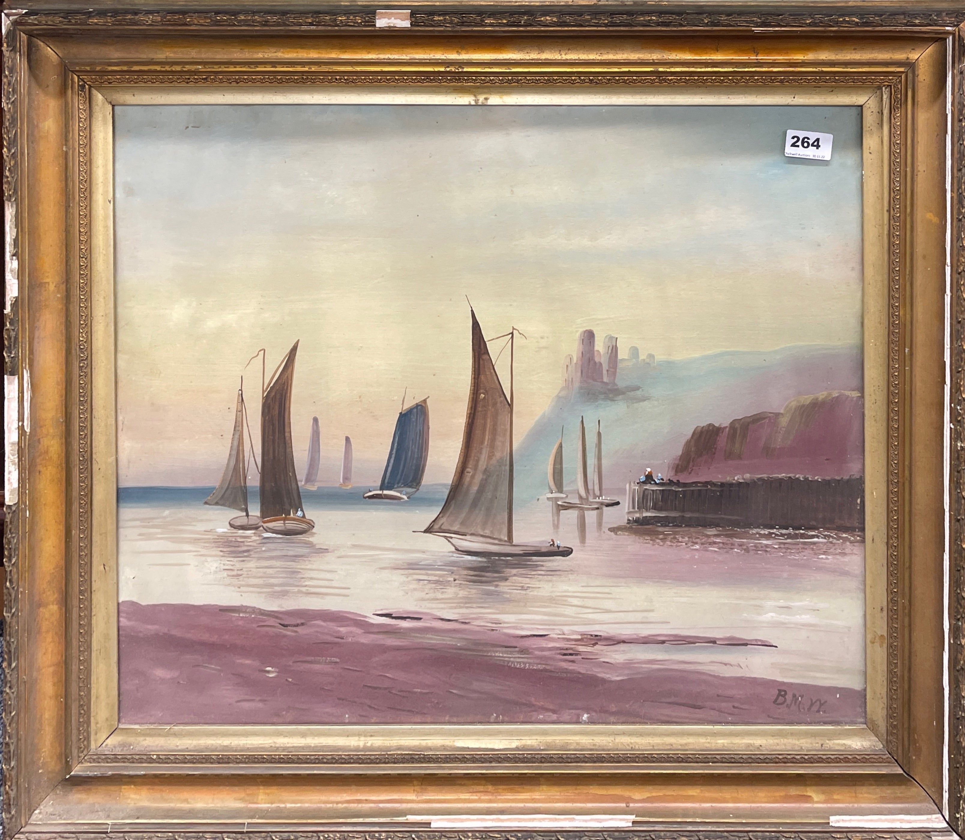 A large 19th century framed watercolour of a coastal scene initialled B.M.W, frame size 79 x 68cm.