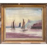 A large 19th century framed watercolour of a coastal scene initialled B.M.W, frame size 79 x 68cm.