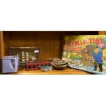 A boxed Wade cat collection, a boat in a glass case and other items.